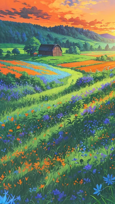 Farm land scenery filled with blue wild flowers, green trees and beautiful orange sky and barn with blue roof