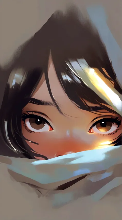 anime girl with dark hair and brown eyes hiding under a blanket, a digital painting by Ilya Kuvshinov, pixiv contest winner, digital art, digital art ilya kuvshinov, ilya kuvshinov face, kuvshinov ilya, breathtaking ilya kuvshinov, ilya kuvshinov style, di...