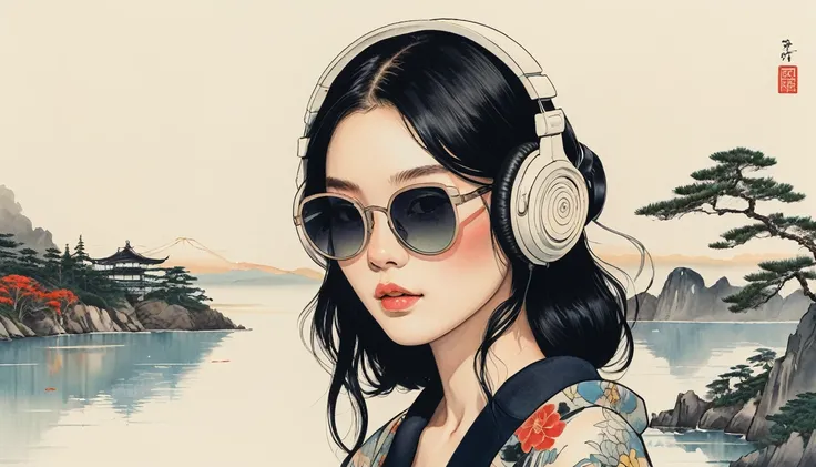 (((Highest quality))), Ink Painting, (((1 girl))), (((tattoo))), (((Light colored sunglasses))), Japanese style headphones, Japan刀, beautiful girl, Black Hair, Delicate and precise, Modern ukiyo-e style, Japan