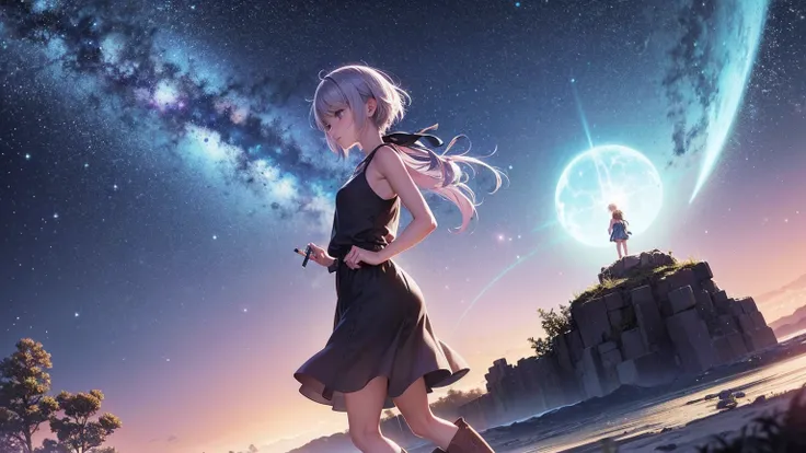 Create an anime-style illustration inspired by the song lyrics, depicting a cosmic journey and a quest for truth. The scene is set under a boundless night sky filled with countless stars, with a sense of infinite space. In the foreground, a young female pr...