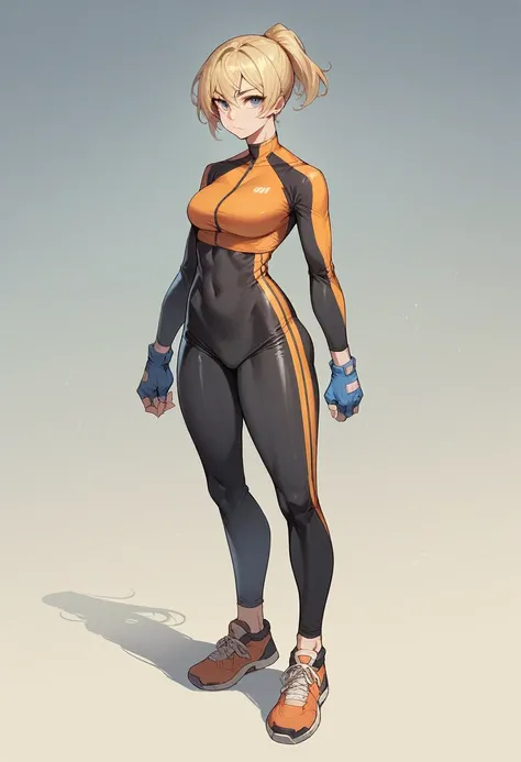 1girl, orange bike jersey, black bike shorts, ((tight jersey)), ((tight long sleeves)), blonde hair, fingerless blue gloves, ((tight gloves)), full body, gloves, short hair, ponytail, standing, solo, looking at viewer
