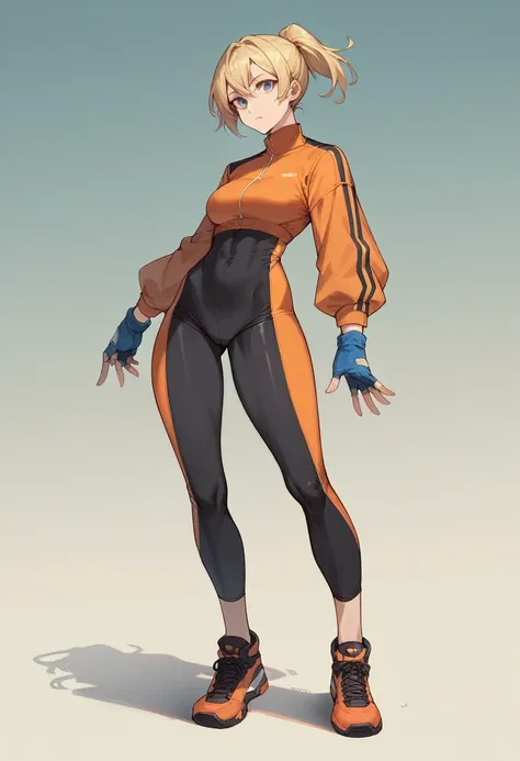 1girl, orange bike jersey, black bike shorts, ((tight jersey)), ((tight long sleeves)), blonde hair, fingerless blue gloves, ((tight gloves)), full body, gloves, short hair, ponytail, standing, solo, looking at viewer
