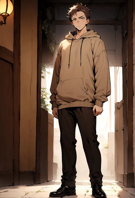 fullbody,masterpiece,standing,light brown hoodie,dark brown unruly short hair,green eyes, bangs,adult,1boy,solo