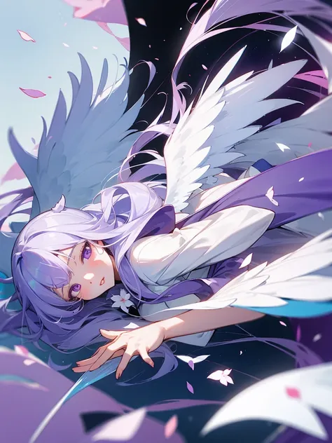 Tarako lips, purple eyes, silver long hair, polar bear costume, white wings, flower petals