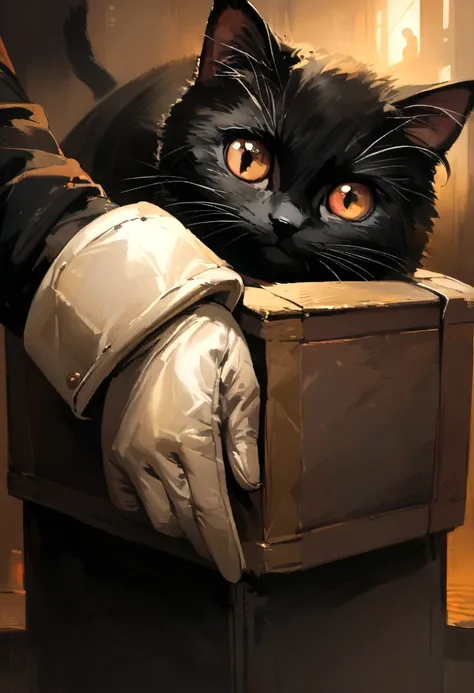 Heavy oil painting, Rembrandt van Rijn, Close-up of a cute black cat wearing box gloves, In the ring, Atmospheric setting