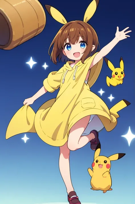 One girl,Little, Pikachus ears,Brown Hair, short hair, Yellow poncho, blue eyes,whole body,Background Transparent,Laughing happily