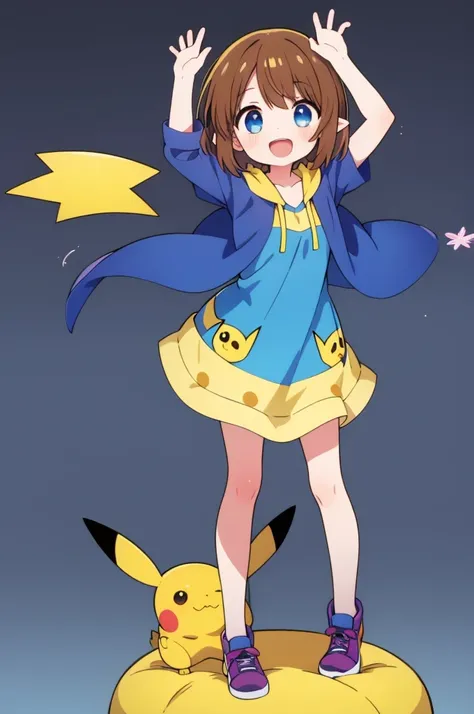 One girl,Little, Pikachus ears,Brown Hair, short hair, Yellow poncho, blue eyes,whole body,Background Transparent,Laughing happily