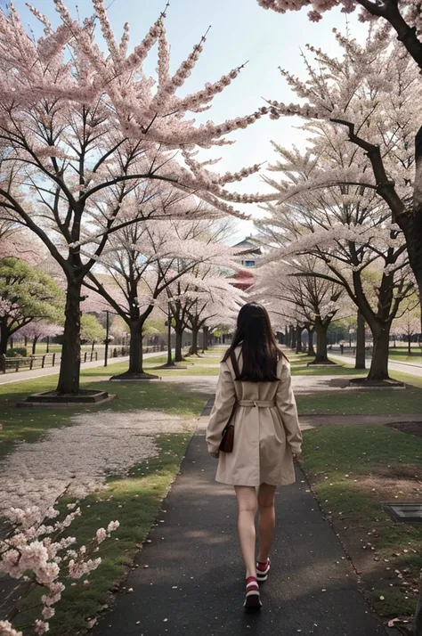 girl walks in the park where sakura blooms