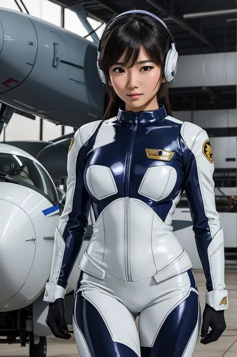 best quality, 8k, very delicate and beautiful, highly detailed face and skin texture, shiny skin, high resolution, beautiful asian girl in eff pilot suit at aircraft hangar, sharp focus
