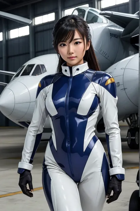 best quality, 8k, very delicate and beautiful, highly detailed face and skin texture, shiny skin, high resolution, beautiful asian girl in eff pilot suit at aircraft hangar, sharp focus
