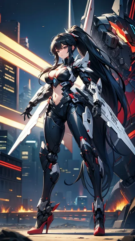 a huge mecha girl with long black hair and ponytail，chest，cleavage，full body black armor，helmet，slim figure，robot，mechanical joi...