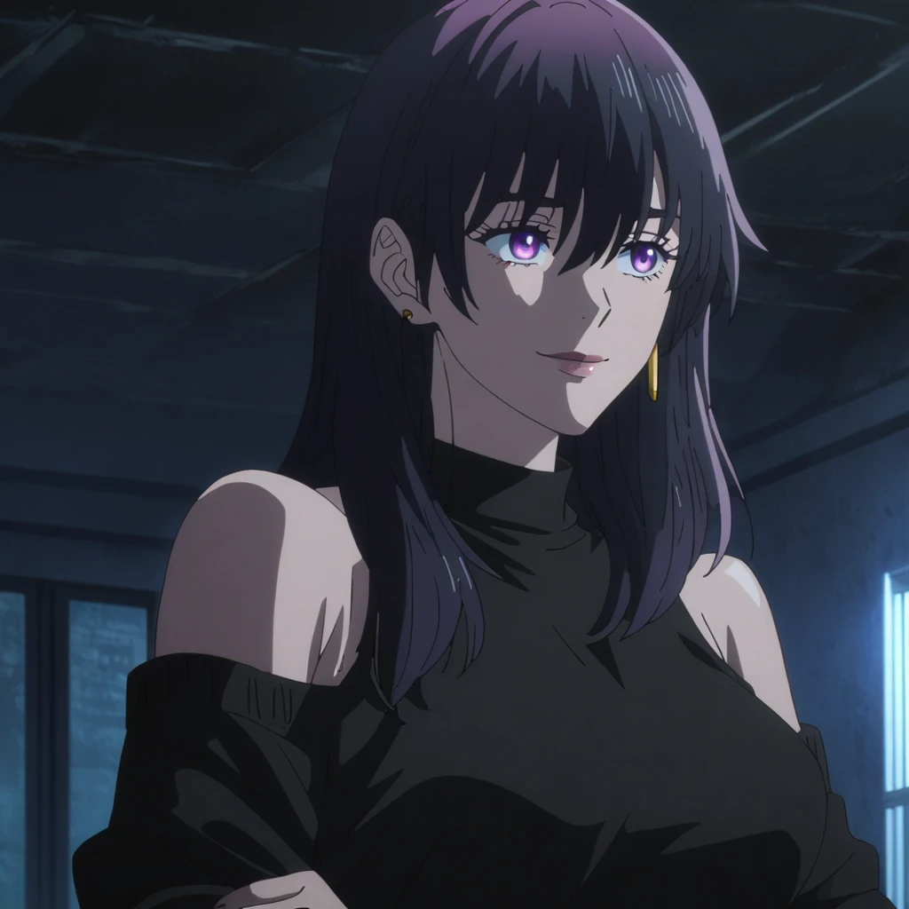 1girl, female gojo satoru, anime screencap from jujutsu kaisen, gojo satoru female version, solo, long_hair, purple eyes (black_hair)), night view, (hanging breasts) upper_body, smile, indoors, book, purple_eyes, lips, ((wearing black colour sweater, bare ...