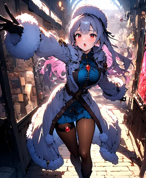 score_9、score_8_up、score_7_up、score_6_up、score_5_up、score_4_up、Iris Feel(fate）、Gray Hair、Red Eye、Long Hair、pantyhose、Thigh-high boots、coat、Fur hat、Tempting、Functional、Look at the person looking over your shoulder、Bend、Butt、Blue butt plug、Panties next to、Bu...