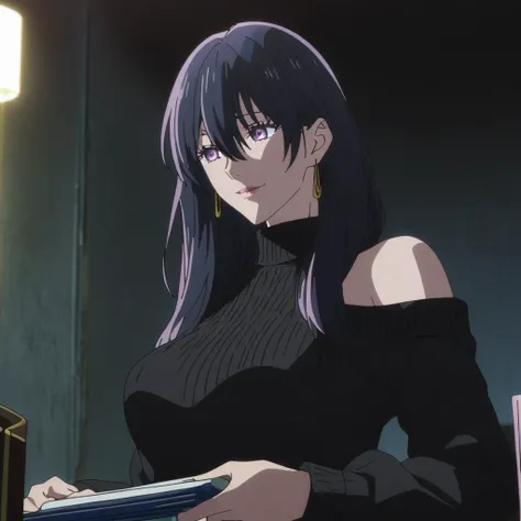 1girl, female gojo satoru, anime screencap from jujutsu kaisen, gojo satoru female version, solo, long_hair, purple eyes (black_hair)), night view, (hanging breasts) upper_body, smile, indoors, book, purple_eyes, lips, ((wearing black colour sweater, bare ...