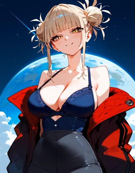 anime artwork, score_9, score_8_up, score_7_up, score_6_up, score_5_up, score_4_up, floox style //////Himiko toga, big breasts, she is 24 years old, style_3, ,,,,cardigan, grey background, straight-on, negative space, crop top
