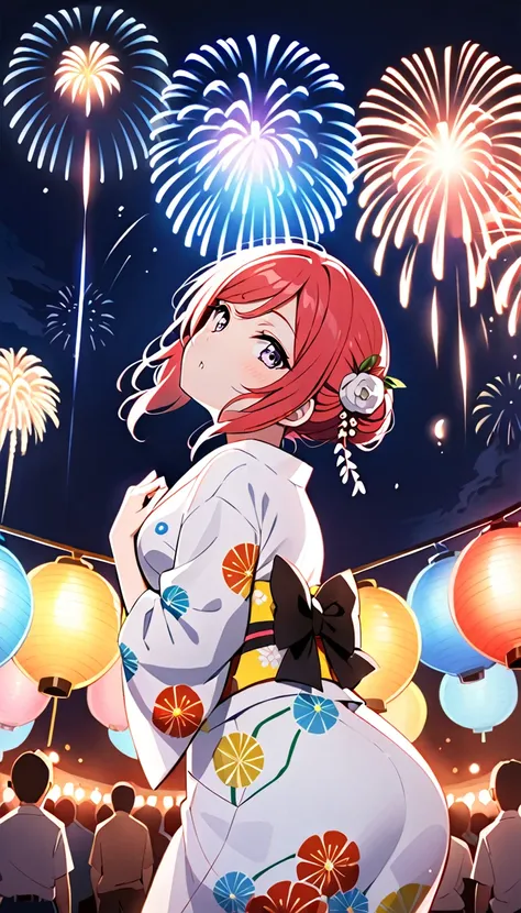 a viewer draws the whole body of maki nishikino, a girl in a yukata, from the side as she looks up at the fireworks exploding in...