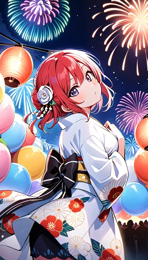 a viewer draws the whole body of maki nishikino, a girl in a yukata, from the side as she looks up at the fireworks exploding in...