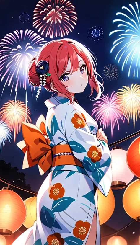 a viewer draws the whole body of maki nishikino, a girl in a yukata, from the side as she looks up at the fireworks exploding in...