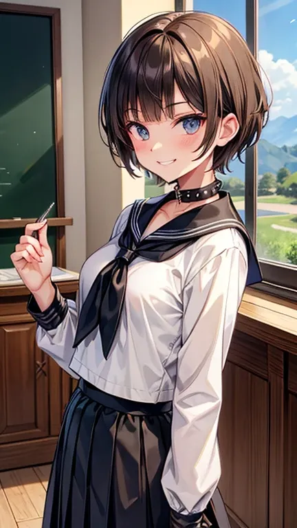 Short Spiky Hair　dull brown hair　Sharp eyes　Grin　frivolous attitude　expensive　Country-style black sailor suit　Nagoya collar　Long skirt　Rural classroom