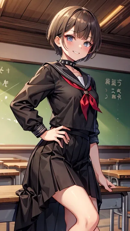 Short Spiky Hair　dull brown hair　Sharp eyes　Grin　frivolous attitude　expensive　Country-style black sailor suit　Nagoya collar　Long skirt　Rural classroom