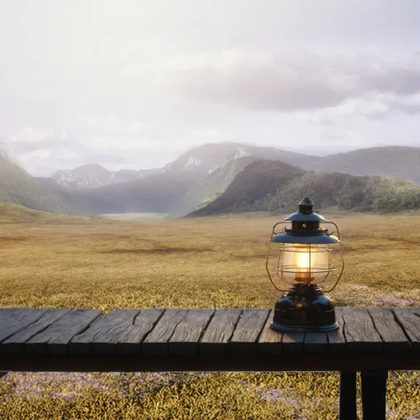 a lantern is placed on a table in the field, photorealistic landscape, lantern light, beautiful landscape rendering, beautiful v...