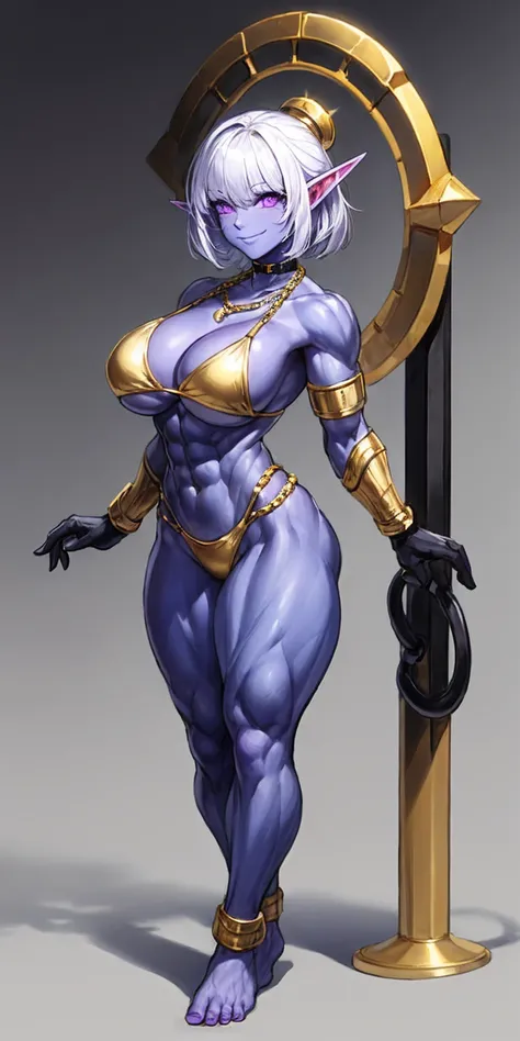 ((plain background:1.2, 1sologirl)) full body standing barefoot hands on waist navel, purple skin, drow, elf, Madura, Detailed happy face, purple eyes, white hair bob style, gold bikini, well defined six pack abs, Large knockers, black leather choker with ...