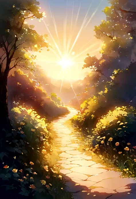 Image of a long and winding road，Bright light leading to the horizon,bright morning，suns rays