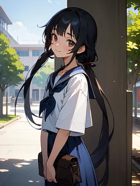 1girl, standing, gentle smile, 15yo, head tilt,
school building on the back,
(low twintails), low pigtails, black hair, very lon...