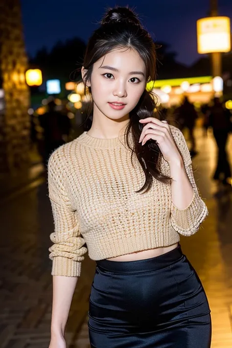 (A stunning Korean lady, Age 28, wearing Korean trendy fashion styles & pencil skirt, walking under night sky, friendly and feminine expressions, kind smile, dimpled chins, cute snaggle-tooth, short bob hair ponytail, symmetrical face, realistic detailed f...