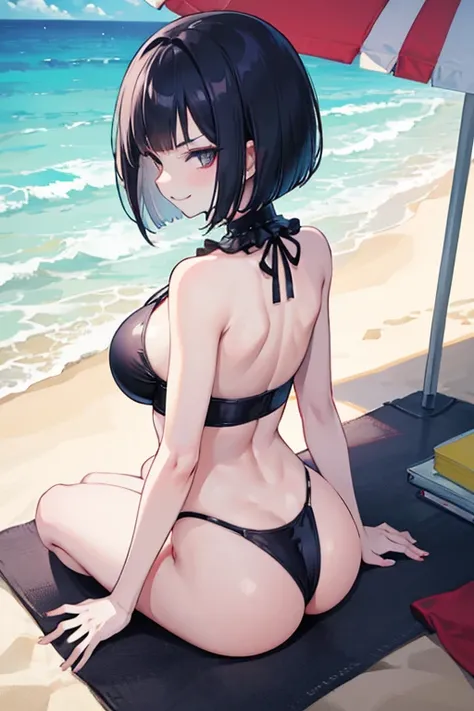 goth girl, two piece swimsuit, back to viewer, butt focus, devious smirk, bob cut, beach at evening, sitting