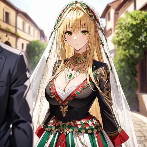 ((Highest quality)), ((masterpiece)), (detailed), （Perfect Face）、The woman is an Italian Tierra, and is seen in the streets of Italy wearing the gorgeous and glittering Italian traditional Sardinian costume, a lavishly decorated velvet jacket, a long veil,...