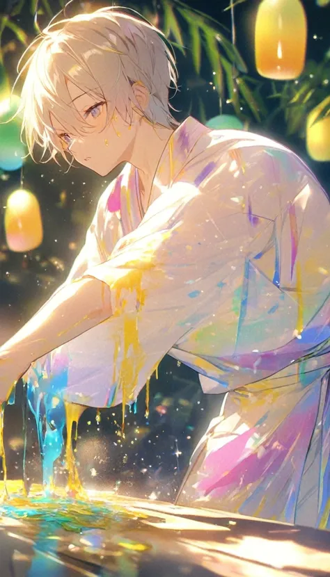 One male student、Young people、Looking at a large flower、Tanabata、strip、Bamboo Leaves、stripに願いをこめて、yukata,fluid,Particles of light, dream-like,Sparkling,dream-like glow,Paint dripping,Oil,strong stroke,Splash Paint Drop, Boys(Tanabataライトトレース:1.25),After cha...