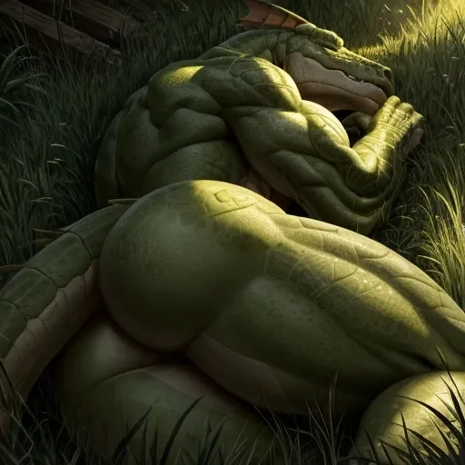 A muscle green lizardmen , sleeping showing his butt on grass, detailed butt, detailed hands 