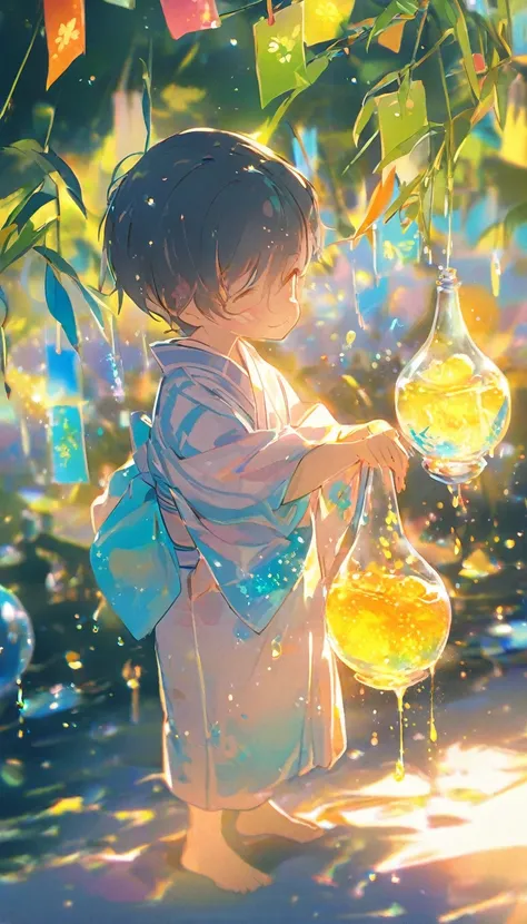 Little Boy、Looking at a large flower、Tanabata、strip、Bamboo Leaves、stripに願いをこめて、yukata,fluid,Particles of light, dream-like,Sparkling,dream-like glow,Paint dripping,Oil,strong stroke,Splash Paint Drop, Boys(Tanabataライトトレース:1.25),After change (Radioluminesce...