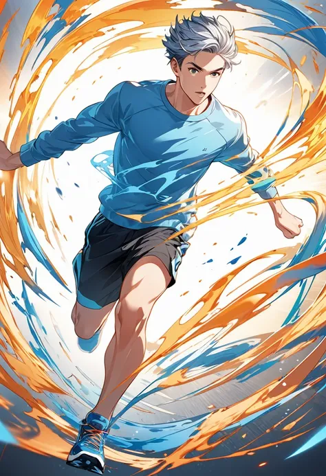 
      ( Perfectly Correct Anatomy )man in his twenties, Light blue wavy short hair,Sporty handsome boy running in blue sweatshirt, Rapidly, Forward running form, dynamic action posture, fast dynamic blur, flowing gradient with a sense of speed, HD and det...