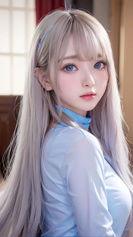 silver shiny hair、Super long straight silky hair、Dazzling blonde super long silky hair、16 years old cute little beautiful face、A beautiful girl、Sparkling blonde dancing in front of a pretty face、Long, silky bangs that cover the space between the eyes、Very ...