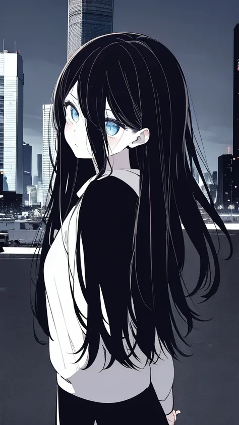 1girl,monochrome color, Blue Art, grayscales、​masterpiece、top-quality、Top image quality、straight haired、Hanging eyes、kawaii、A darK-haired、blue eyes、the wind、Buildings,Tokyo,
foot、Background center、whale