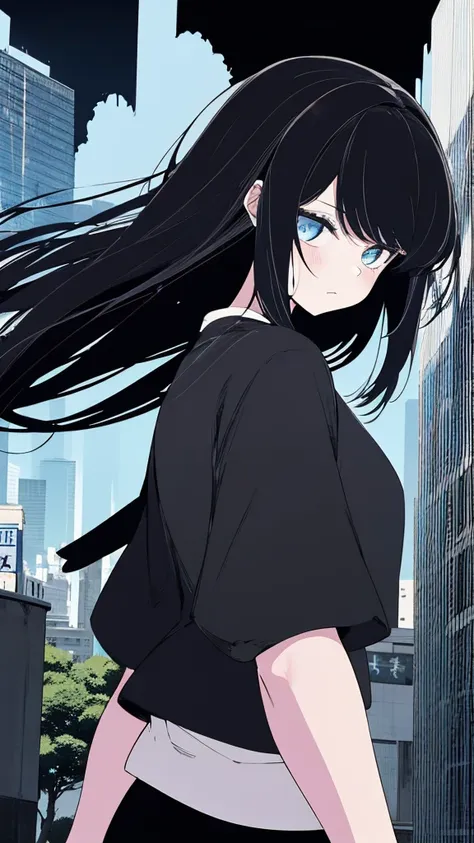 1girl,monochrome color, Blue Art, grayscales、​masterpiece、top-quality、Top image quality、straight haired、Hanging eyes、kawaii、A darK-haired、blue eyes、the wind、Buildings,Tokyo,
foot、Background center、whale