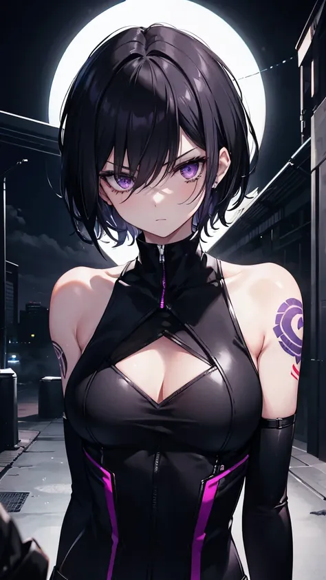 High resolution,high resolution,Girl,Black Hair,Short Hair,Purple Eyes,Slanted Eyes,Bad mood,boyish,slender,Toned body,Black Mask,Assassin,Moonlit Night,,,Tattoo,