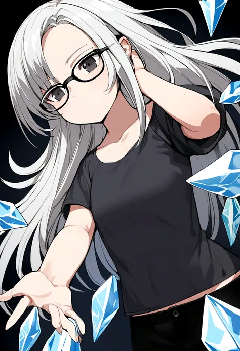 a 17 year old girl with white hair and black eyes with glasses wearing a gray long-sleeved t-shirt where you can see her stomach and black pants and who has ice powers