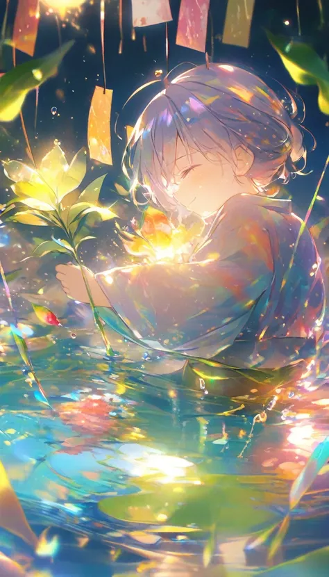 Little Boy、Looking at a large flower、Tanabata、strip、Bamboo Leaves、stripに願いをこめて、yukata,fluid,Particles of light, dream-like,Sparkling,dream-like glow,Paint dripping,Oil,strong stroke,Splash Paint Drop, Boys(Tanabataライトトレース:1.25),After change (Radioluminesce...