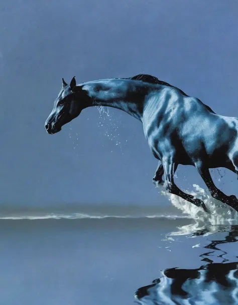 horse in water, light blue background