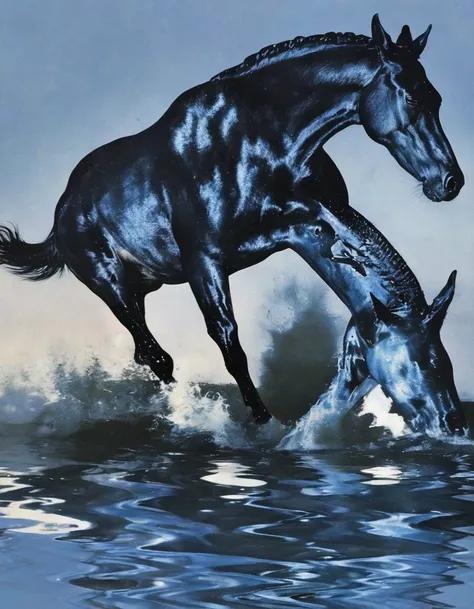 horse in water, light blue background