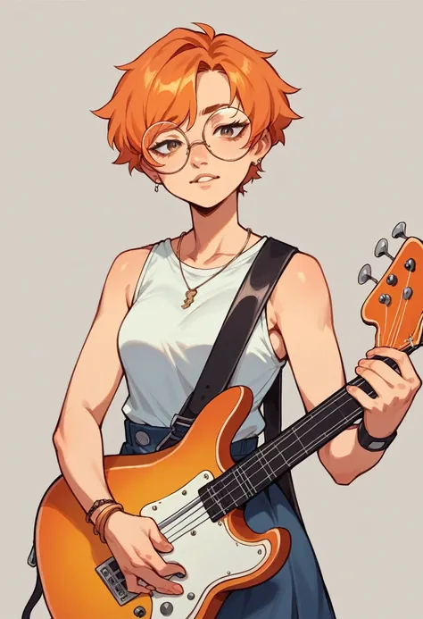 1girl, bass guitar, half body, orange hair, round glasses 