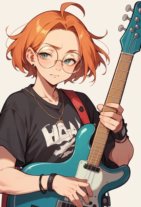 1girl, bass guitar, half body, orange hair, round glasses 