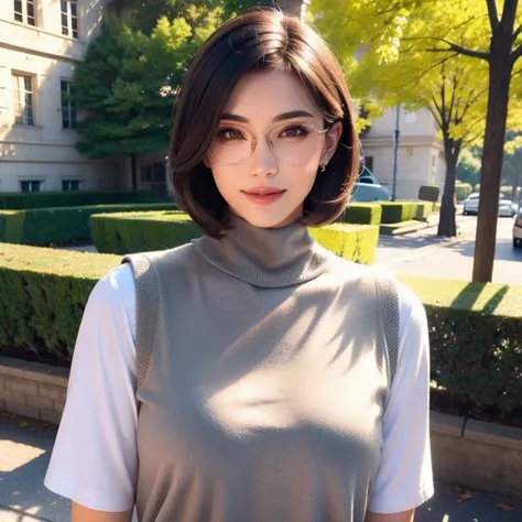 a beautiful young woman in a casual outfit, short hair, elegant eye glasses, detailed face, alluring eyes, full lips, large bust, turtle neck t-shirt, gray vest, outdoor date setting, soft lighting, warm colors, photorealistic, 8k, cinematic, beautiful det...