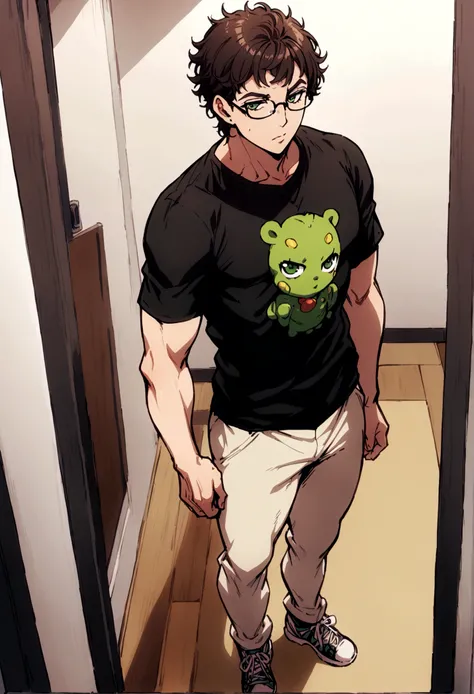 fullbody,masterpiece,standing,tshirt,dark brown curly short hair,green eyes,(bangs),adult,1boy,solo,light stuble,glasses,