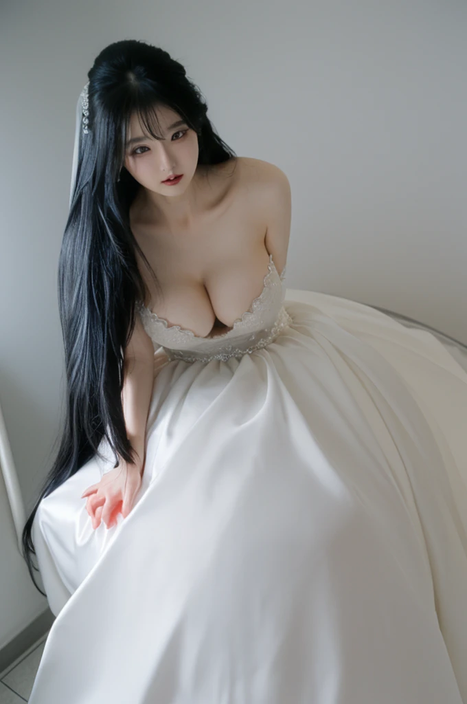 bride、A voluminous wedding dress、Super fat、Big Breasts、Big Ass、Super long straight black hair、Small private room、Sit on the toilet