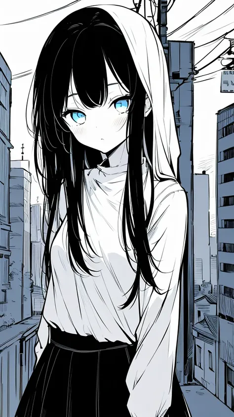 1girl,monochrome color, Blue Art, grayscales、​masterpiece、top-quality、Top image quality、straight haired、Hanging eyes、kawaii、A darK-haired、blue eyes、the wind、Buildings,Tokyo