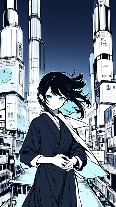 1girl,monochrome color, Blue Art, grayscales、​masterpiece、top-quality、Top image quality、straight haired、Hanging eyes、kawaii、A darK-haired、blue eyes、the wind、Buildings,Tokyo